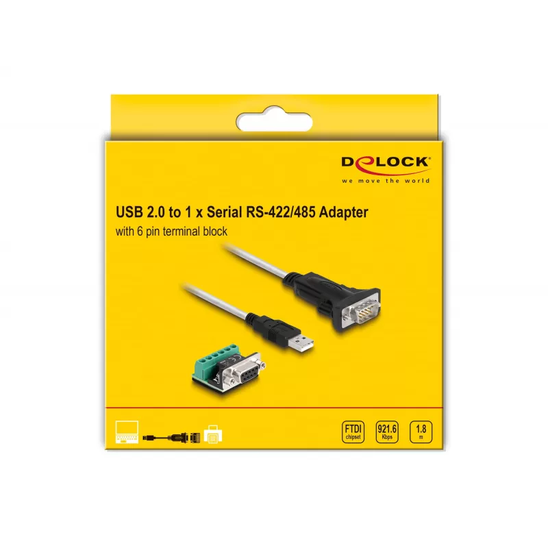 DeLOCK 63465 Adaptér USB 2.0 Type-A na sériový RS-422/485, 6-pólová svorkovnica, 1,8 m, čierny/priehľadný