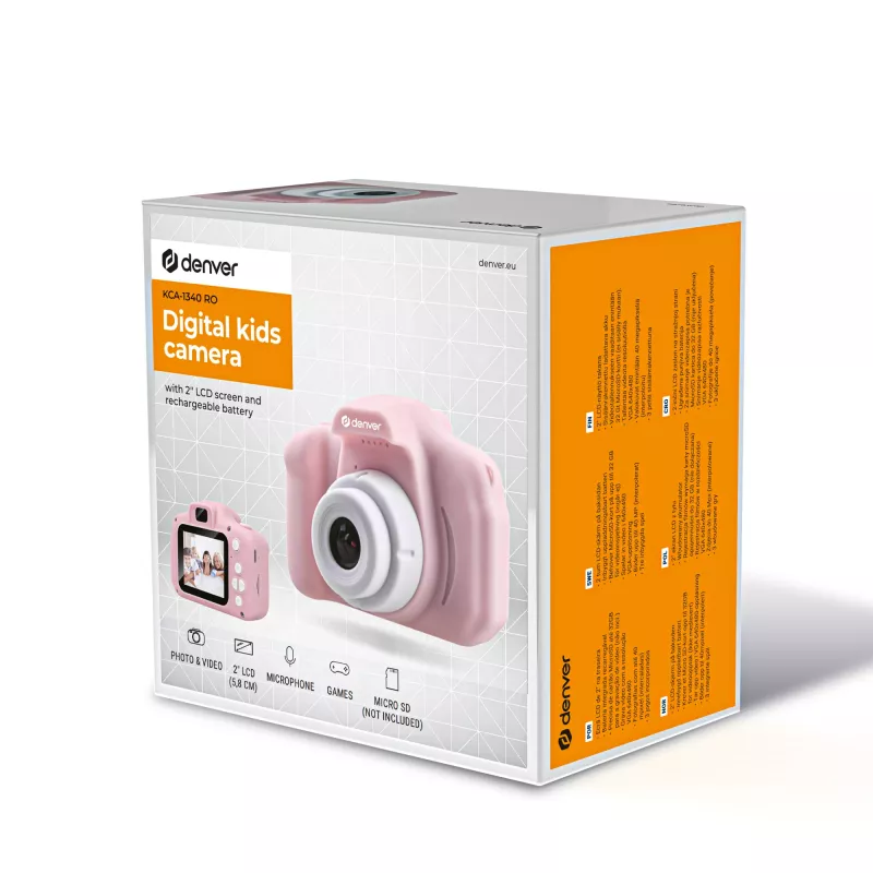 Detský digitálny fotoaparát DENVER KCA-1340RO — kompaktný 85 g, ružový