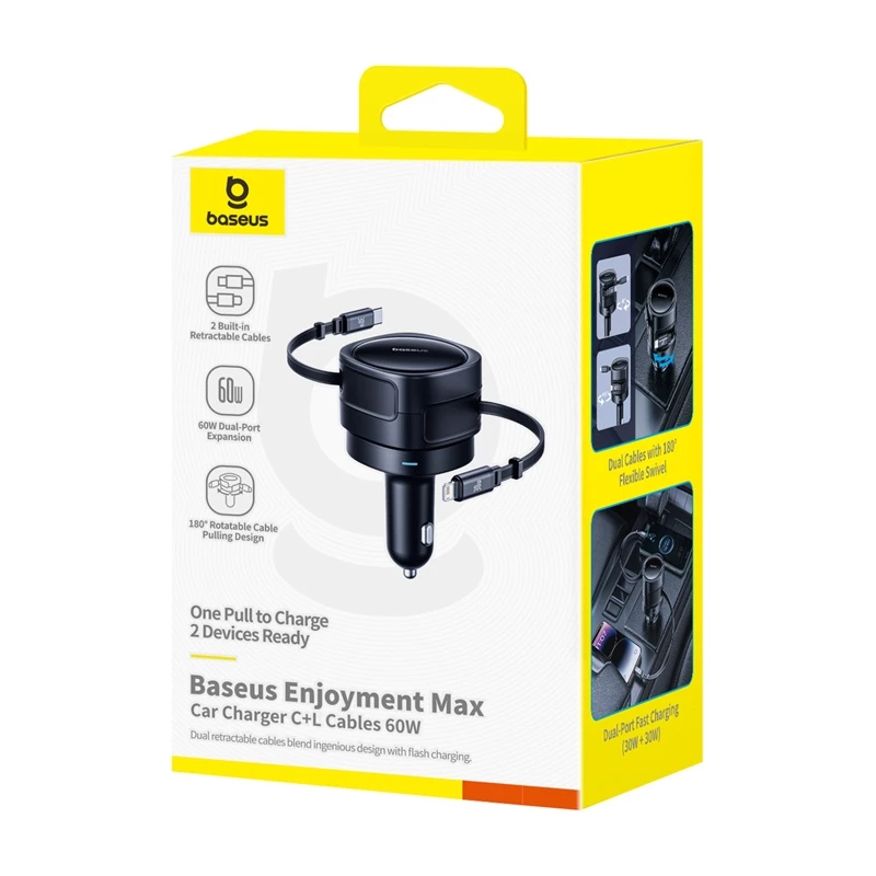 Auto nabíjačka Baseus Enjoyment Max 60W s USB-C a Lightning káblami, dvojportové rýchlonabíjanie