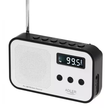 Prenosné digitálne rádio Adler AD 1907 — UKV/SV, digitálny tuner, budík, USB-C, 600 mAh batéria, LCD, 20 pamätí staníc, teleskopická anténa