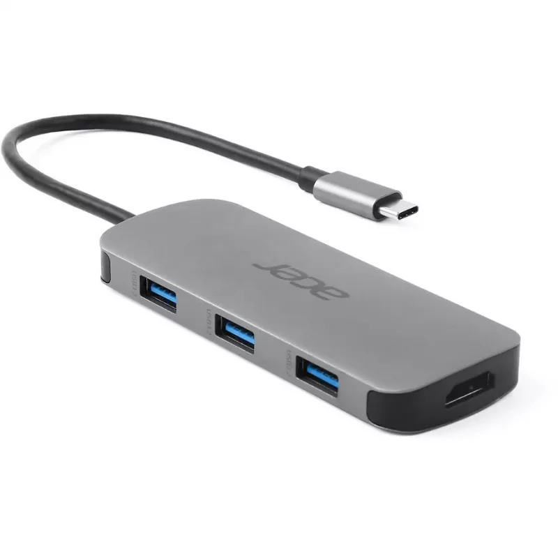 7-in-1 USB-C dongle Acer — USB 3.2 Gen 1 Type-C, 3x USB-A, HDMI, SD/MicroSD, 100W PD, strieborná