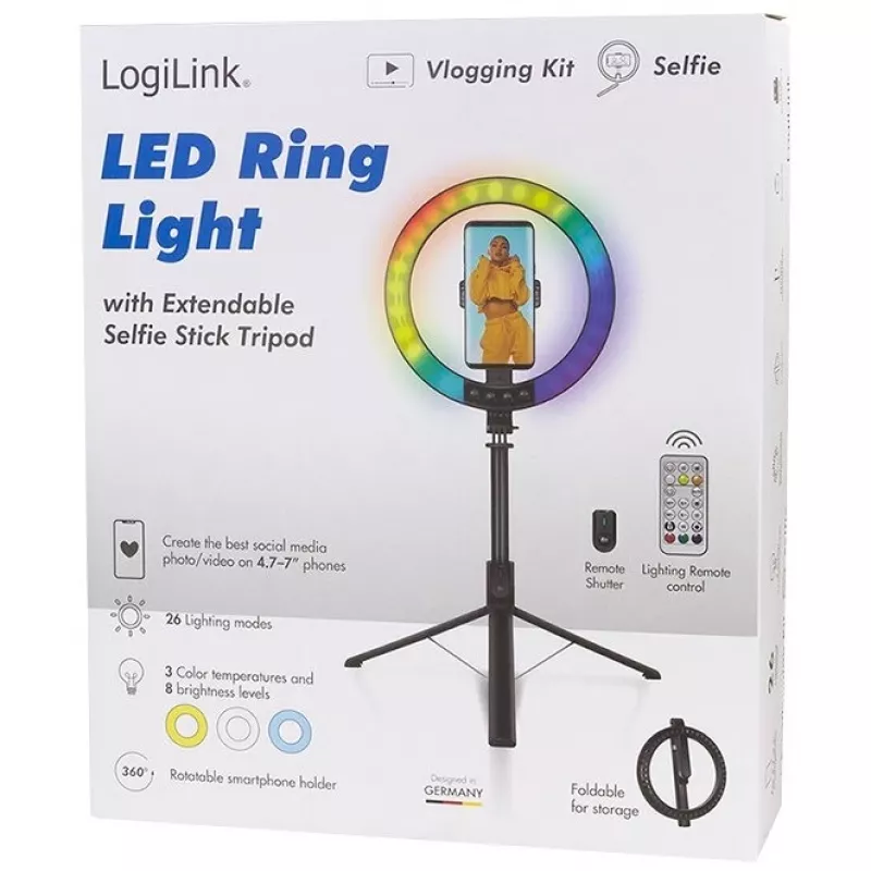 LogiLink prstencové svetlo na smartphone so selfie stick statívom, DM 20cm (AA0156)