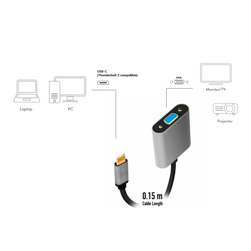 USB Type-C na VGA (D-Sub) video adaptérový kábel LOGILINK CUA0104 0,15 m, sivý/čierny