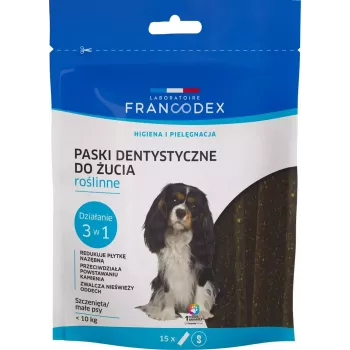 Dental pásiky FRANCODEX pre psov, balenie 15 vrecúšok – pamlsek na zubnú starostlivosť pre malých dospelých psov (5–10 kg), 228 g, zeleninová príchuť, bez lepku