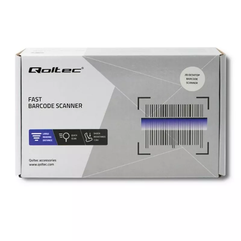 Pevný 1D/2D čítač čiarových kódov QOLTEC 50864, LED senzor, USB (káblový), čierny, 145×85×80 mm