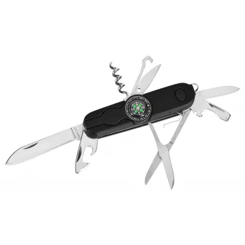 Vreckový nôž AZYMUT Izeron Multitool — 13 nástrojov, ušľachtilá oceľ 420J2/3CR13, zložený 9 cm, 91 g, kožené puzdro na opasok, integrované svetlo a kompas