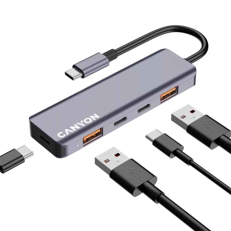 Canyon DS-18 - USB-C hub - 5 portov - 1x USB-C 5V DC nabíjanie - 2x USB-C - 10 Gbit/s - 2x USB 3.2