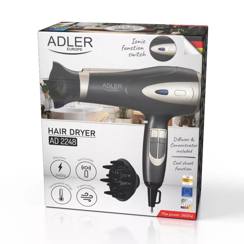 Fén Adler AD 2248gc 2200W — ionizačný, 2 rýchlosti, 3 teploty, studený vzduch, difúzor, koncentrátor, kábel 1,8 m