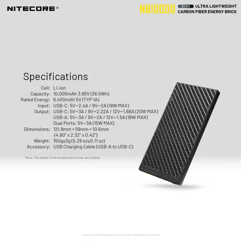 Prenosná powerbanka Nitecore NB10000 — 10000 mAh, USB‑A + USB‑C, 38 W celkový výstup, sivá