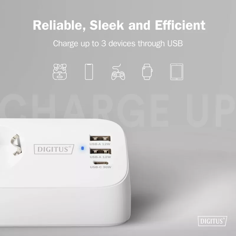 Predlžovacia zásuvka DIGITUS 3-násobná s 2×USB-A a 1×USB-C, 3 AC zásuvky typ E/F, 1,5 m kábel, biela