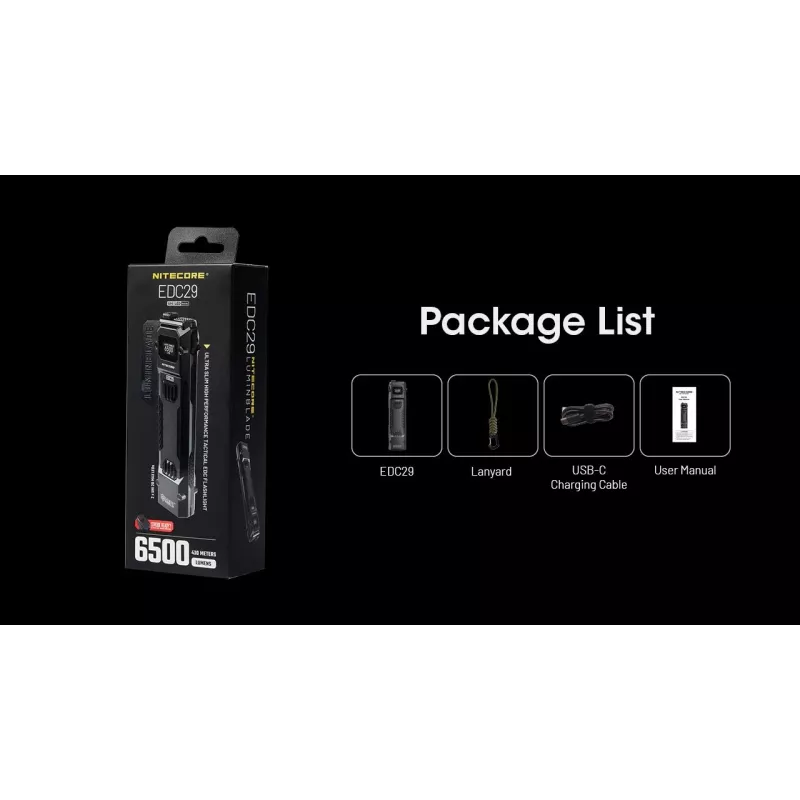 Ručná lampa Nitecore EDC29 puzdro z nehrdzavejúcej ocele, 2 LED, 15–6500 lm, IP54, USB nabíjateľná