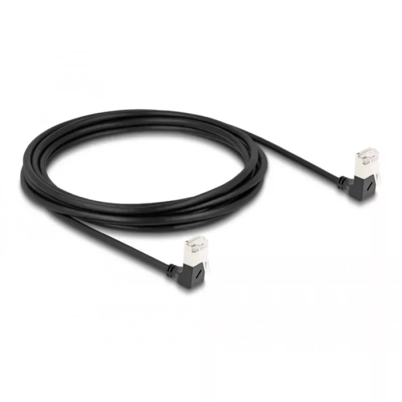 DeLOCK RJ45 sieťový kábel Cat.6A S/FTP tenký 90° zahnutý nadol 3 m čierny