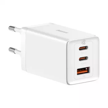 Nástenná nabíjačka Baseus GaN5 Pro 65W — USB + 2×USB-C (QC3.0, PD3.0) s 1m USB-C káblom, biela