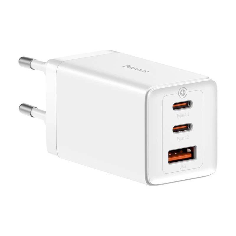 Nástenná nabíjačka Baseus GaN5 Pro 65W — USB + 2×USB-C (QC3.0, PD3.0) s 1m USB-C káblom, biela
