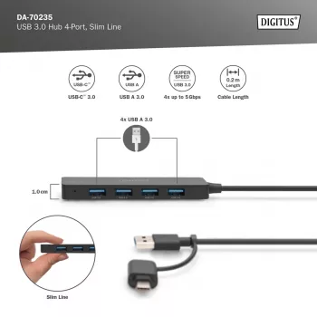 USB hub, Digitus, DA-70235, 4-portový, USB 3.2 Gen 1, Type-A a Type-C, 12000 Mbit/s