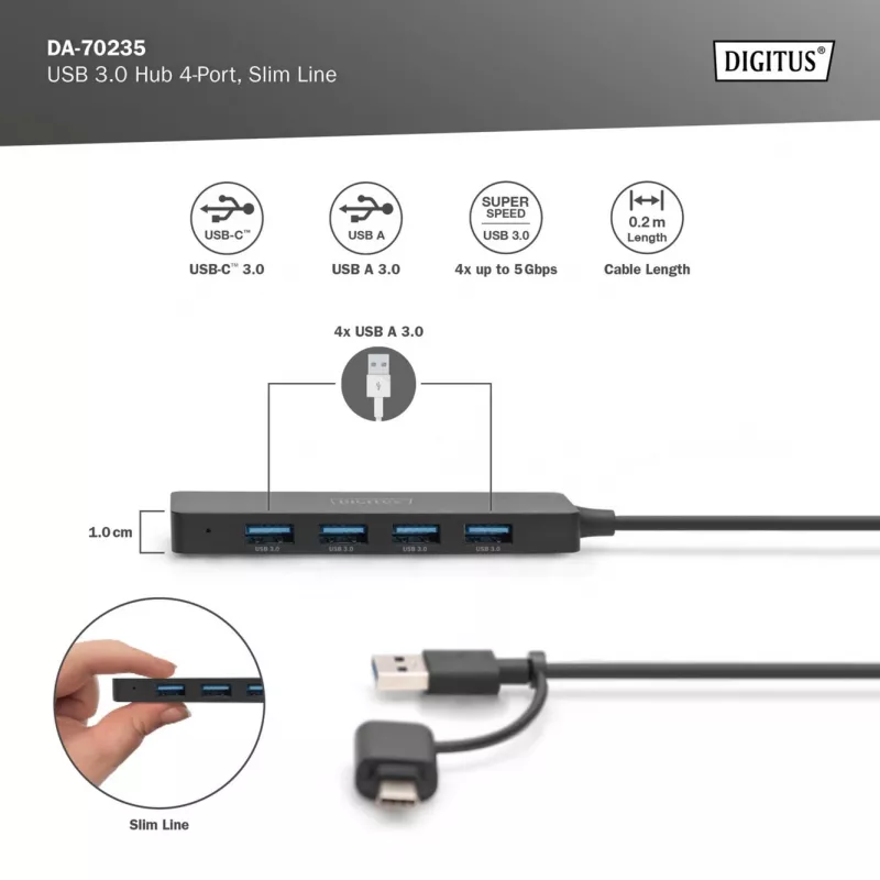 USB hub, Digitus, DA-70235, 4-portový, USB 3.2 Gen 1, Type-A a Type-C, 12000 Mbit/s