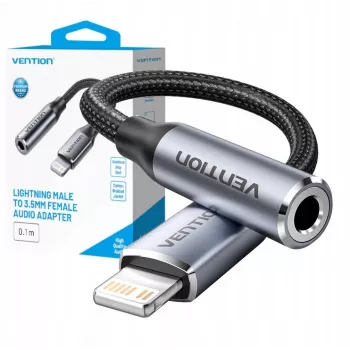Audio adaptér Vention Lightning na 3,5 mm BMBHA, Lightning na 3,5 mm káblový adaptér s 0,1 m káblom, sivý