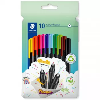 Fineliner perá Staedtler 334 C10, superjemný hrot 0,3 mm, 10 farieb (čierna, modrá, hnedá, zelená, svetlomodrá, svetlozelená, oranžová, ružová, červená, žltá)