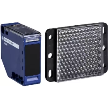 Fotoelektrický senzor APC XUK1ARCNL2H61 — modré plastové puzdro, dosah 0–7 m, vstup 24–240 V AC, výstup 250 V, 50×50×18 mm