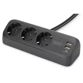Predlžovacia zásuvka DIGITUS 3-násobná s 2×USB-A & 1×USB-C, 3 AC zásuvky Typ E/F, 1,5 m kábel, čierna