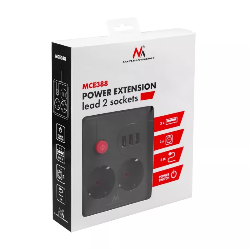 Predlžovací prívod Maclean MCE388 B, 2 zásuvky, 3x USB, 110-240 V, 2500 W, 3 m, čierny