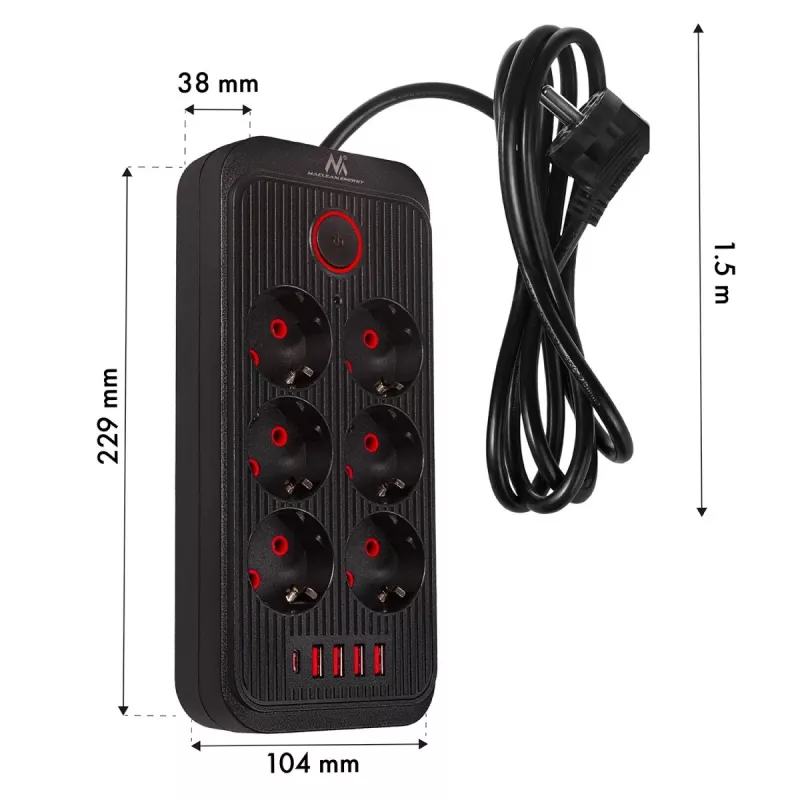 Predlžovacia zásuvka MACLEAN MCE389 B — 6 zásuviek, 4×USB-A + 1×USB-C, 110–240V, 2,1A, 2500W, 1,5 m kábel, čierna