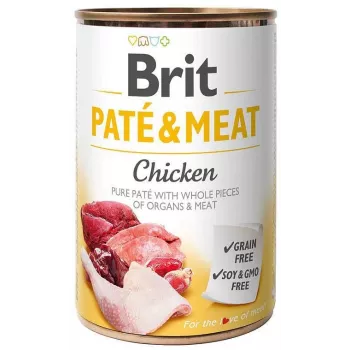 Mokré krmivo Brit Paté & Meat s kuracím 400 g — mokré krmivo, 400 g konzerva, dospelé psy, hlavná príchuť: kuracie, vlhkosť 75 %
