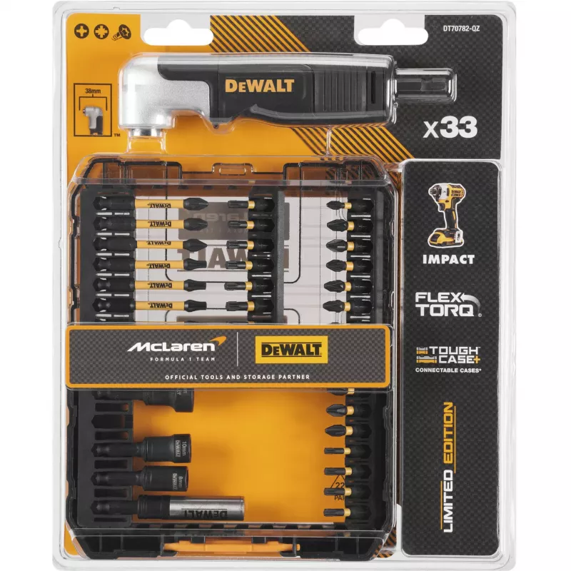 DeWalt FlexTorq DT70782-QZ sada bitov, 33 ks, dizajn McLaren, s uhlovým nadstavcom