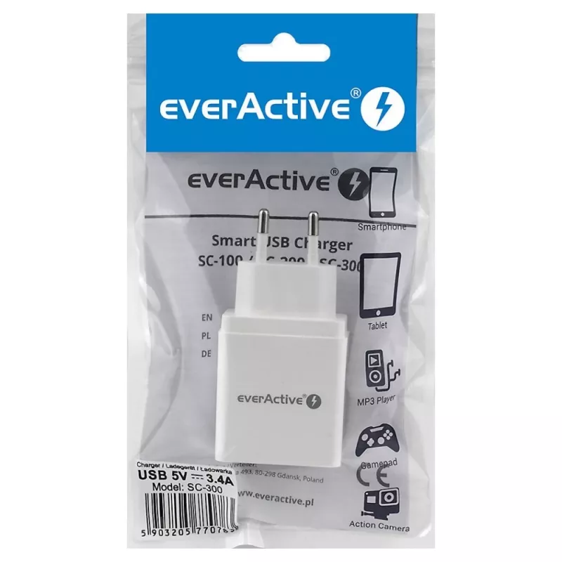 everActive SC-300 nabíjačka telefónu 3x USB 3,4A, biela