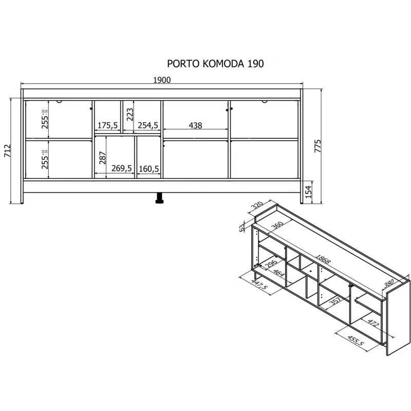 Cama PORTO 3D komoda 190x38x77 dub/čierna
