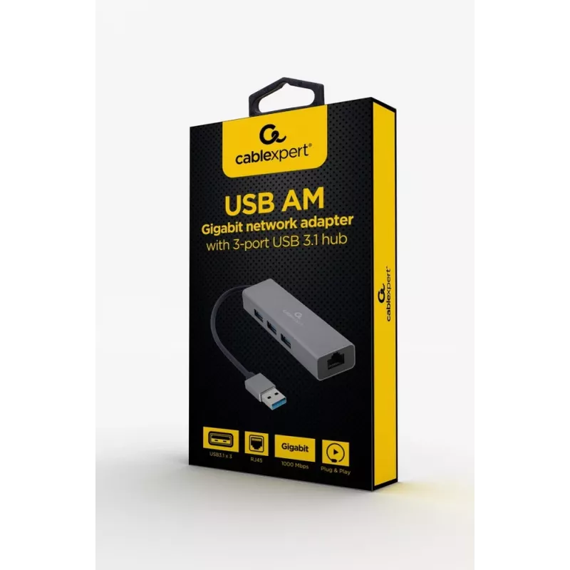 Gembird A-AMU3-LAN-01 adaptér USB-A na Gigabit LAN s 3-portovým USB 3.0 hubom, čierny