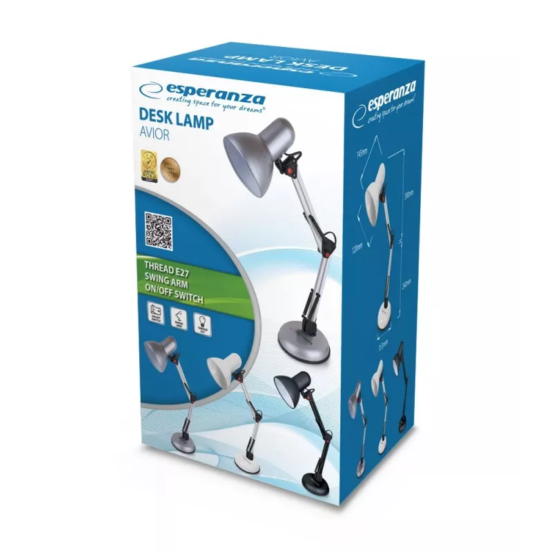 Stolová lampa ESPERANZA AVIOR E27 12W LED, čierna, výškovo nastaviteľná, flexibilné rameno, pätica E27