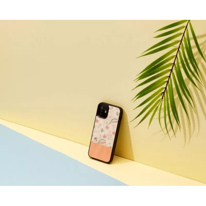 Ochranné puzdro Man and Wood pre iPhone 12 mini — ružový kvet na čiernej