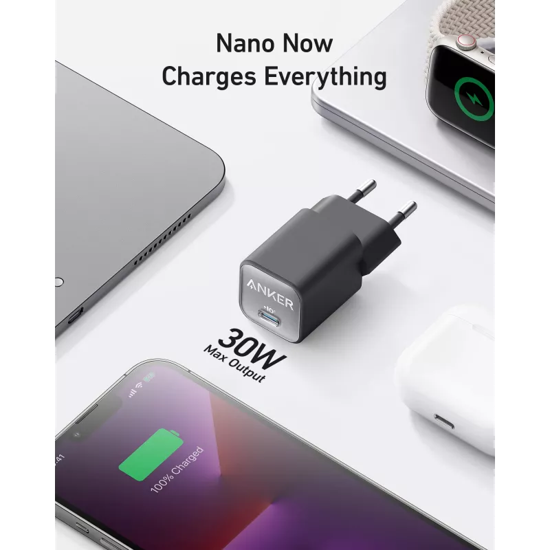 Interiérová AC nabíjačka Anker 511 Nano 3 — 30W, 1× USB-C, 100–240V, čierna