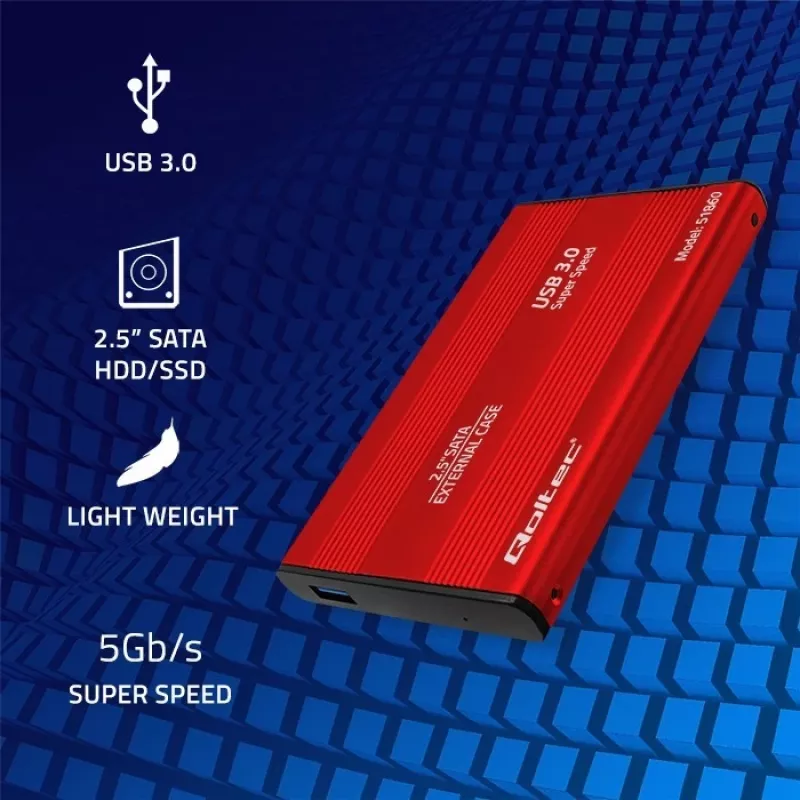 Puzdro na HDD/SSD QOLTEC 51860 pre 2,5-palcové SATA-III disky, USB Type-A, 5 Gbit/s, hliník, červená