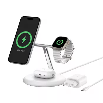 Belkin BoostCharge Pro 3v1 bezdrôtová nabíjacia stanica s Qi2, biela (WIZ023VFWH)