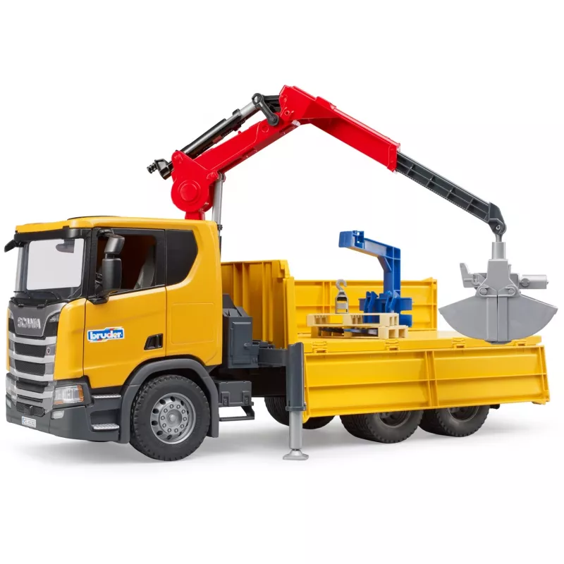 Hračkárske nákladné auto BRUDER Scania Super 560R so žeriavom a 2 paletami