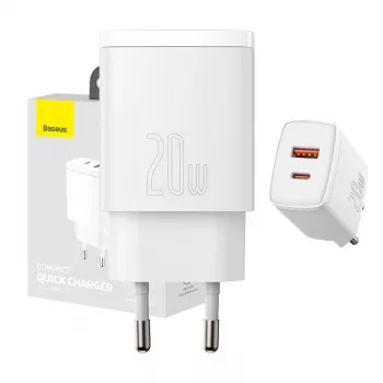 Nástenná nabíjačka Baseus Compact 1x USB-A + 1x USB-C 3A, kompaktný cestovný adaptér