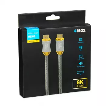 HDMI kábel IBOX HD08 2 m, HDMI typu A konektor samec–samec, HDMI 2.1, strieborný