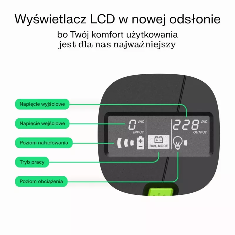 Green Cell PowerProof UPSLM360 650VA / 360W line-interactive záložný zdroj (UPS) s LCD, 12V 7Ah