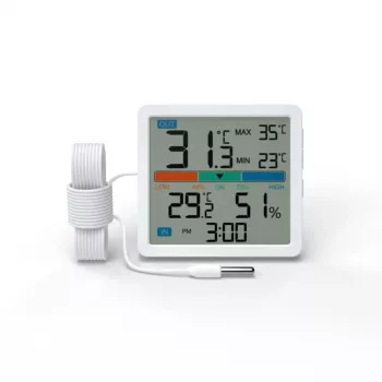 Teplomer‑vlhkomera MANTA MTO002W s vonkajším senzorom (150 cm), vnútri 0–+50°C, vonku -40–+70°C, vlhkosť 20–95% RH, indikátor komfortu, hodiny