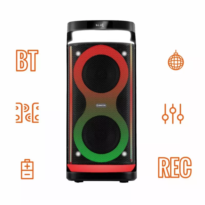 Prenosný reproduktor MANTA SPK0601B100, 100 W, Bluetooth, karaoke, bezdrôtový mikrofón, batéria, ekvalizér, disco osvetlenie