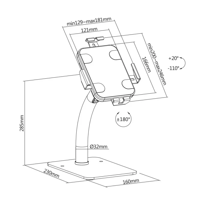 Stolný/nástenný držiak na tablet MACLEAN MC-468W, biely, pre 7,9–11 inch tablety, svorka a montážna sada, nastaviteľný sklon