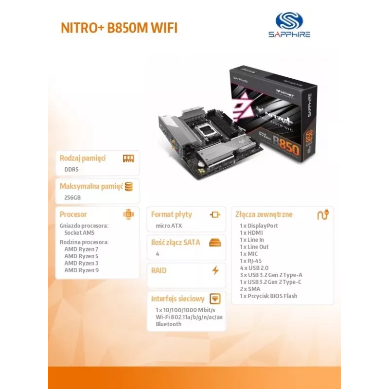 Základná doska Sapphire NITRO+ B850M WIFI — AMD B850, socket AM5, micro ATX, DDR5, 4x DIMM, Wi‑Fi 6, 2,5Gb LAN, 2x M.2
