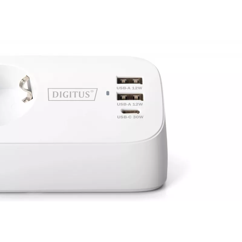 Predlžovacia zásuvka DIGITUS 3-násobná s 2×USB-A a 1×USB-C, 3 AC zásuvky typ E/F, 1,5 m kábel, biela