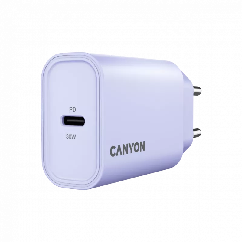 Nástenná nabíjačka CANYON OnCharge 30CL, 30W USB-C PD, 1x PD výstup, EU konektor, fialová