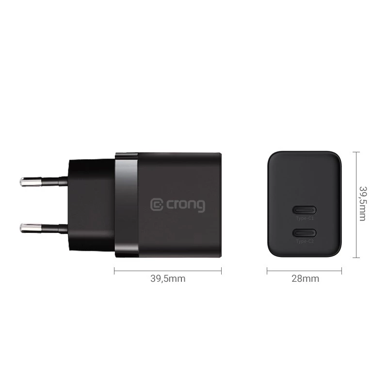 Crong nástenná nabíjačka Ultra Compact GaN 35W PD 3.0 2x USB-C (čierna)