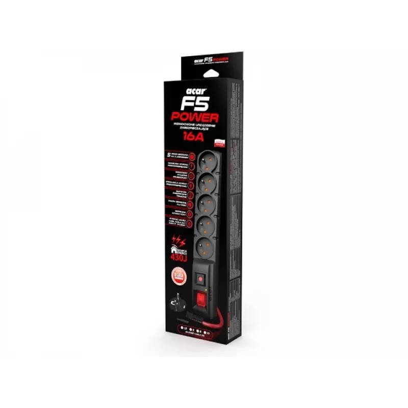 ACAR F5 POWER predlžovací kábel s prepäťovou ochranou, 5 zásuviek, 16 A, s vypínačom, 1,5 m, čierny