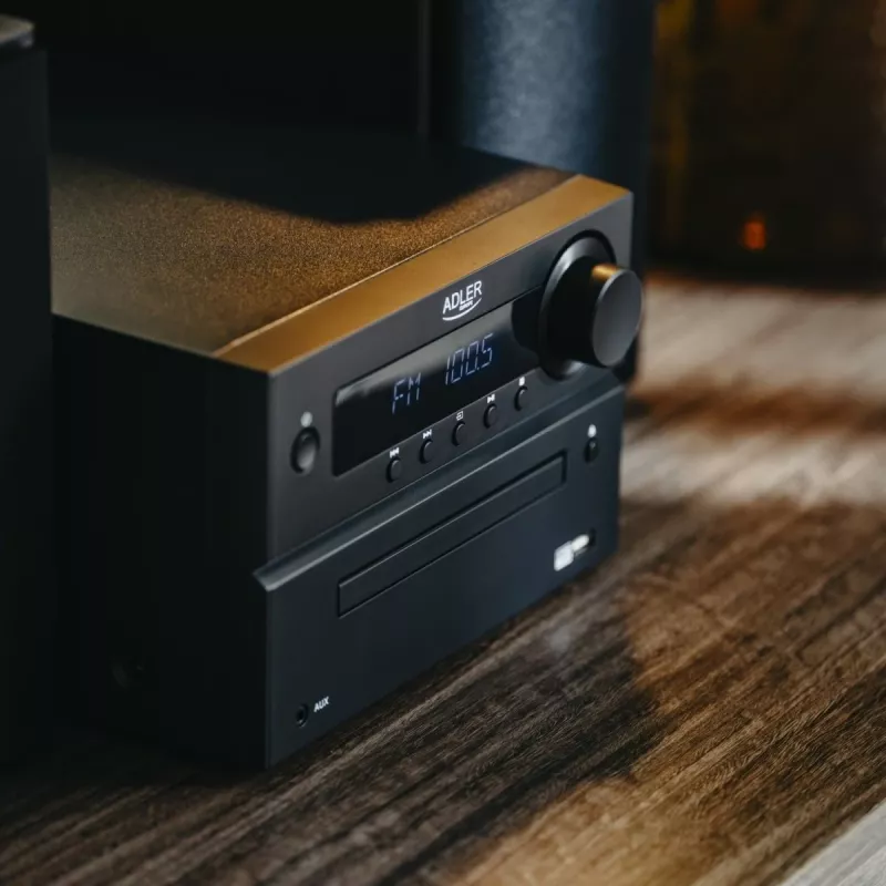 Mini Hi‑Fi stereo systém Adler AD 1917 — Bluetooth V5.3, CD/USB/MP3, 2×25 W RMS, FM tuner, 4‑pásmový ekvalizér, AUX, čierny