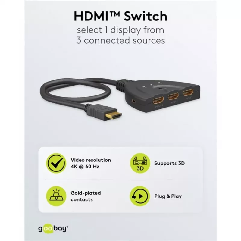 HDMI prepínač 3 to 1 (4K @ 60Hz), HDMI switch (čierna, 55cm kábel)